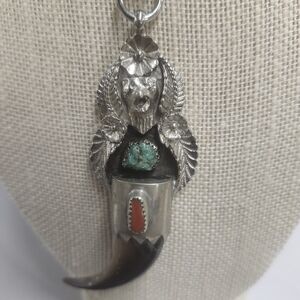Sterling Bear Pendant Turquoise & Coral Sterling Rope Chain Necklace